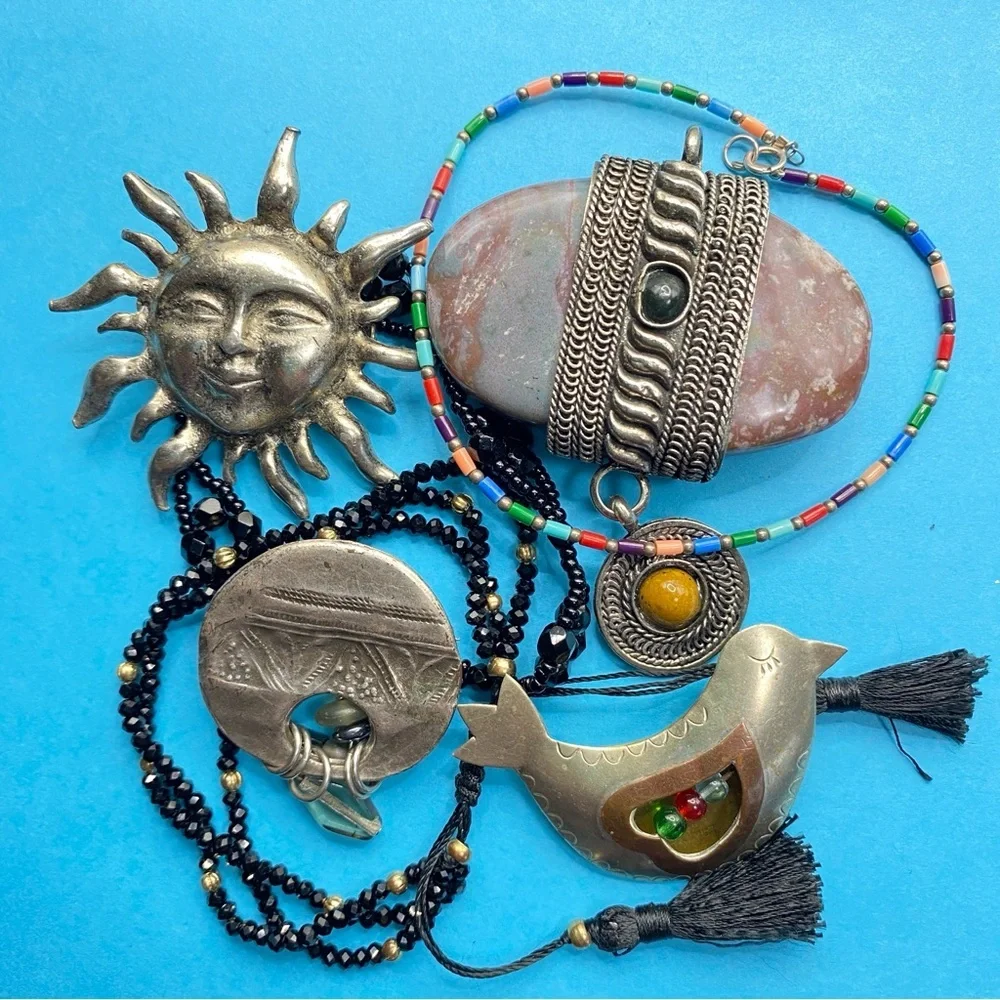 Bohemian Jewelry Natural Stone Beads Bird Sun Brooches Bracelets Pendant 7 pcs